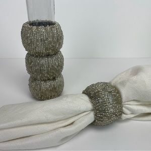 Silver Tone Beaded Napkin Rings Set 4 Holders Dinner Party Tableware Vintage